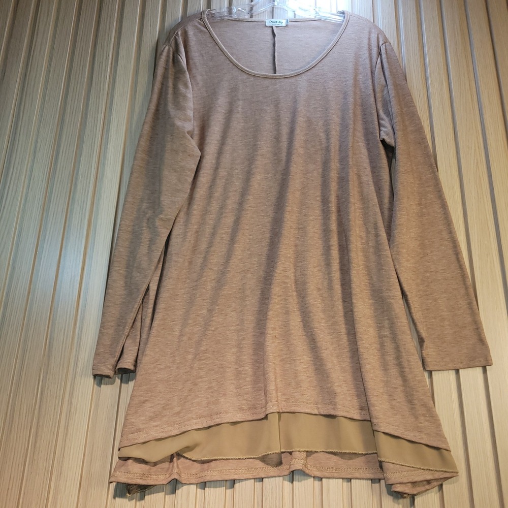 Poetsky Womens 2XL Tan Heathered Long Sleeve Layered Hem Tunic Top Pullover